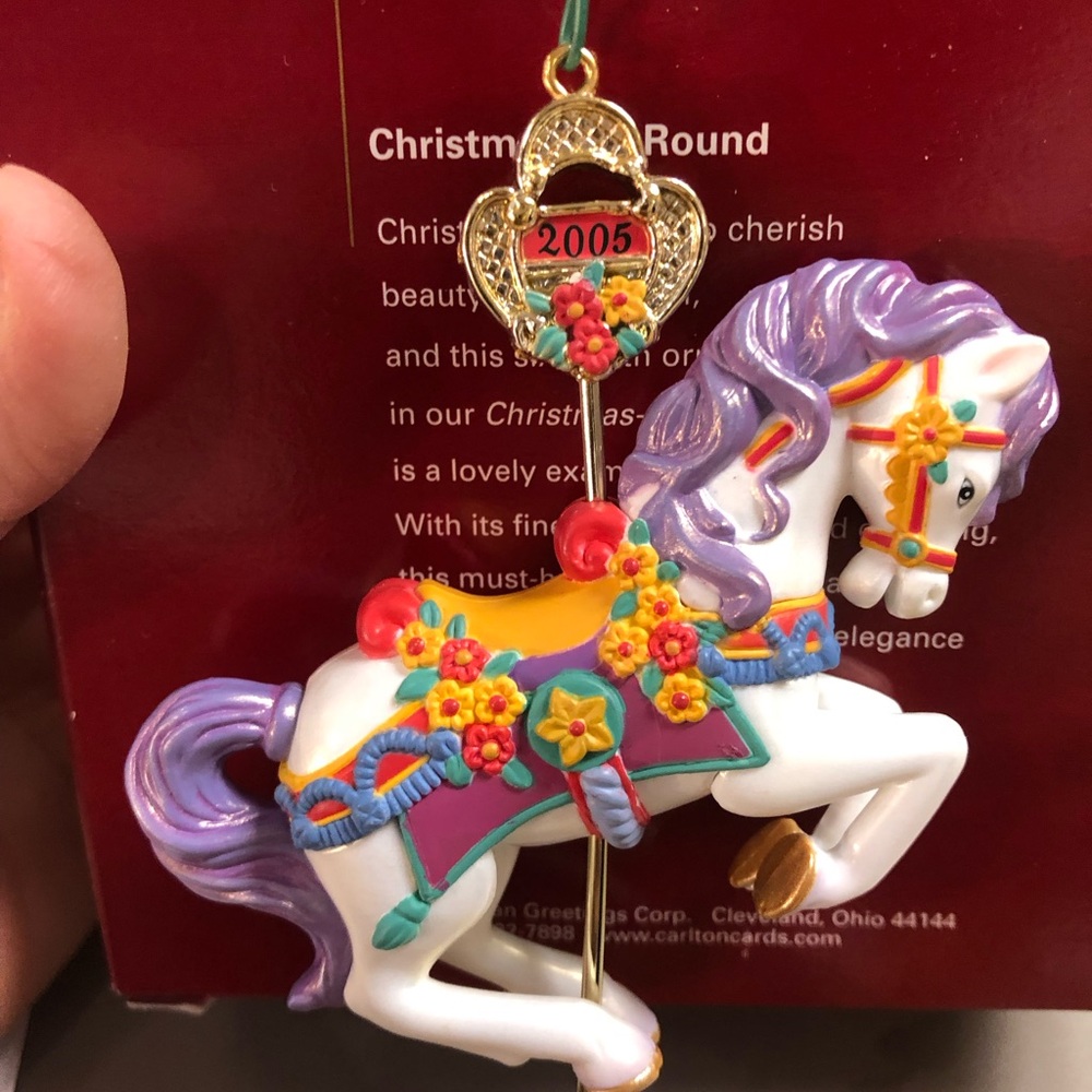 2005 Carlton cards Carousel Horse Ornament white purple gold with bell